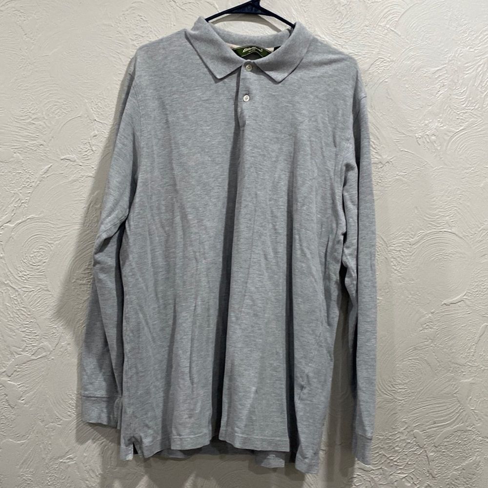 Eddie Bauer Long Sleeve Collared Knit Polo Shirt Grey Mens X-Large Tall